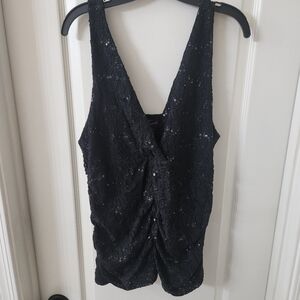 Torrid Woman's Black Sequin V Neck Tank top Zip Rouched Sides